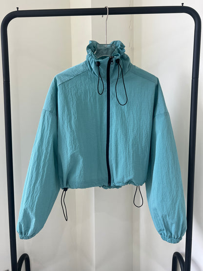 Dark Checkered Drawstring  Cropped Stand Collar Jacket