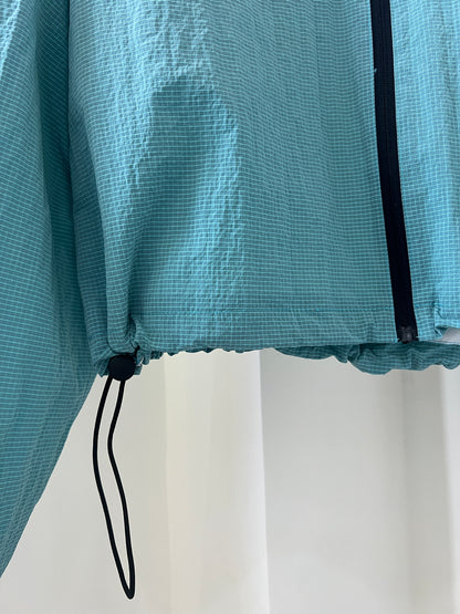 Dark Checkered Drawstring  Cropped Stand Collar Jacket