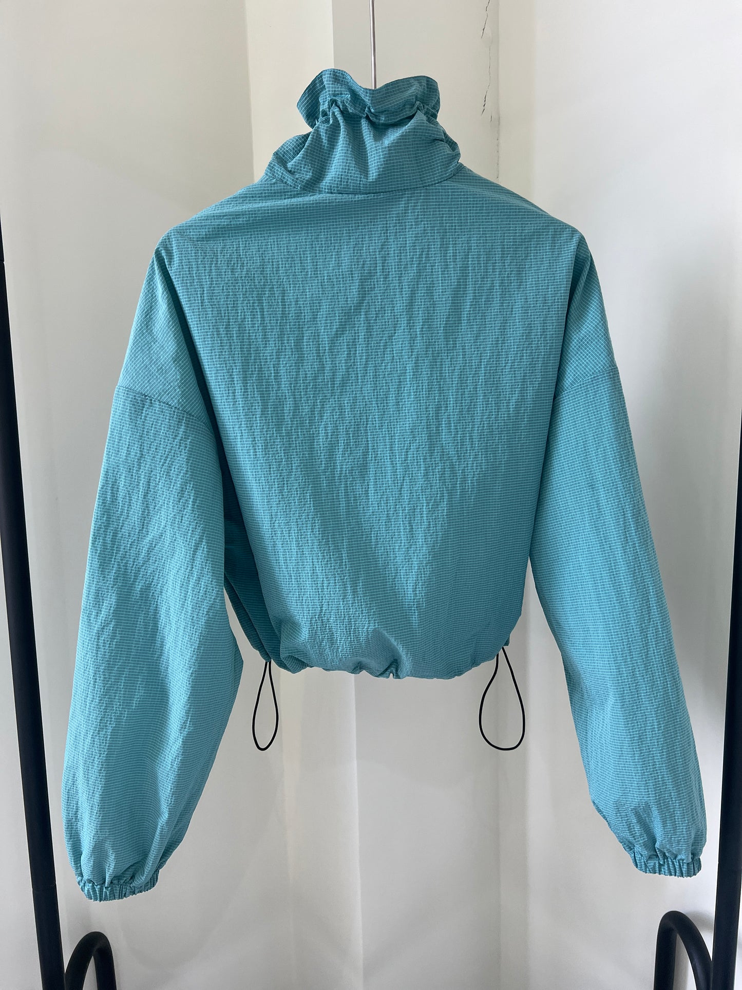 Dark Checkered Drawstring  Cropped Stand Collar Jacket