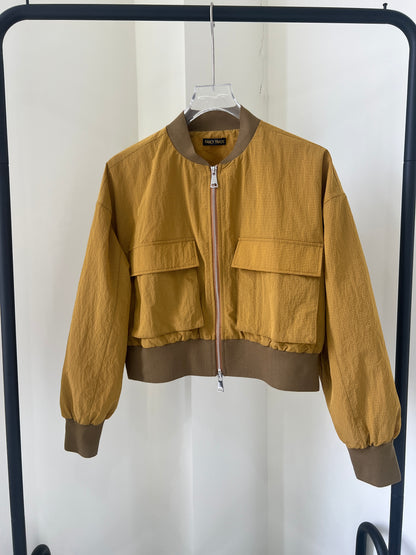 Brown Yellow Checkered  Double-Pocket Cropped Jacket