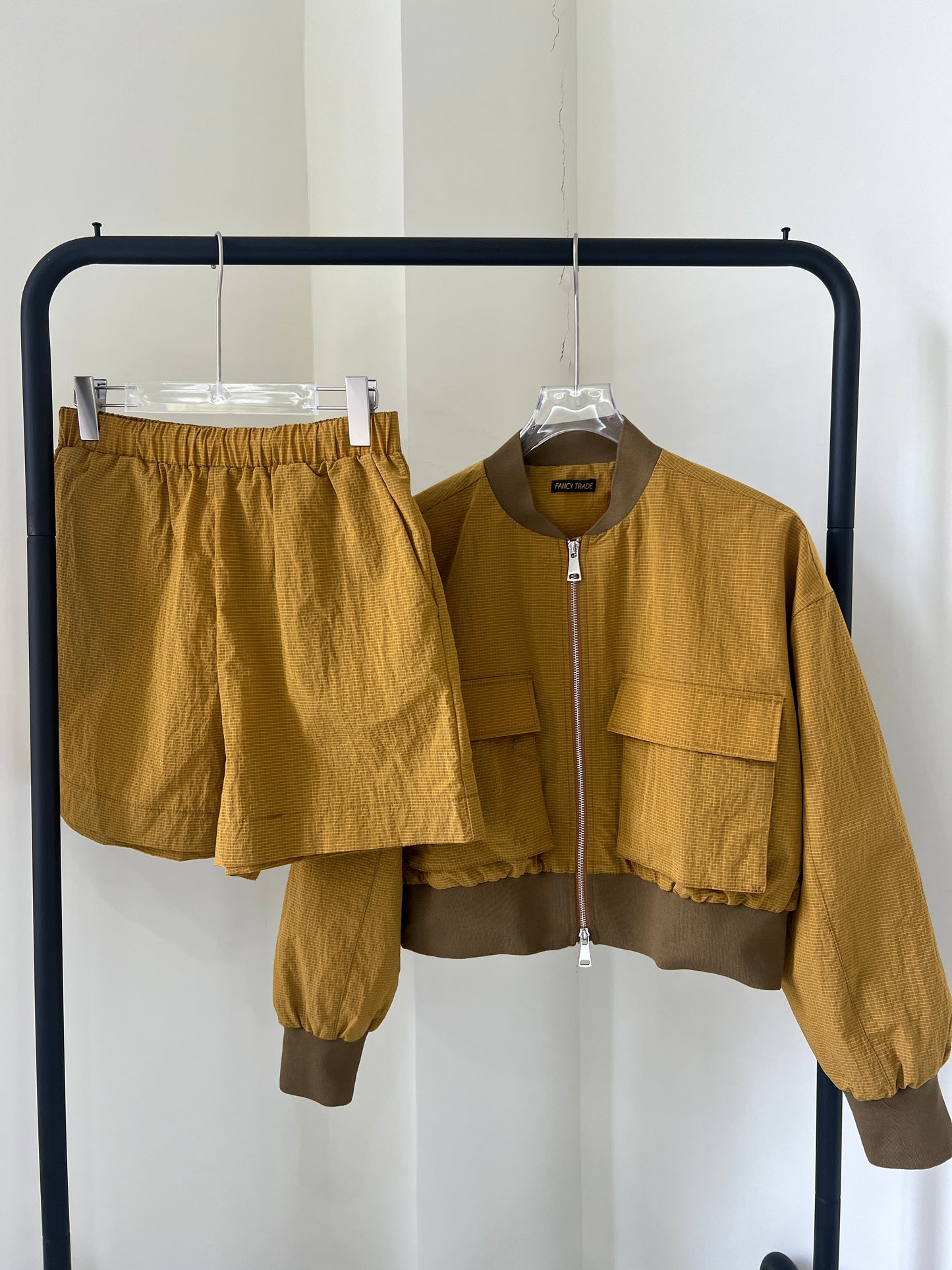 Brown Yellow Checkered  Double-Pocket Cropped Jacket