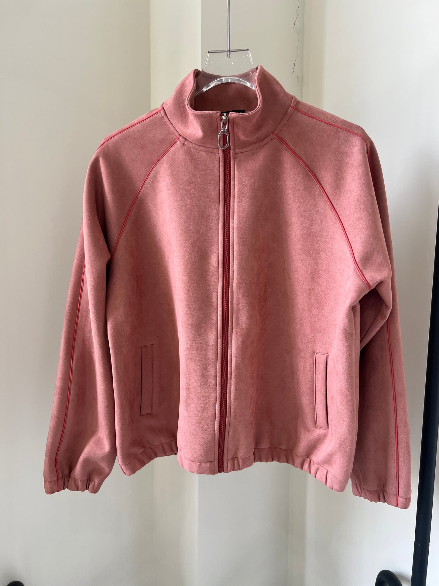 Suede Piped Stand-Collar Zipper Jacket