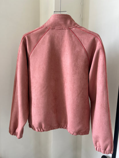 Suede Piped Stand-Collar Zipper Jacket